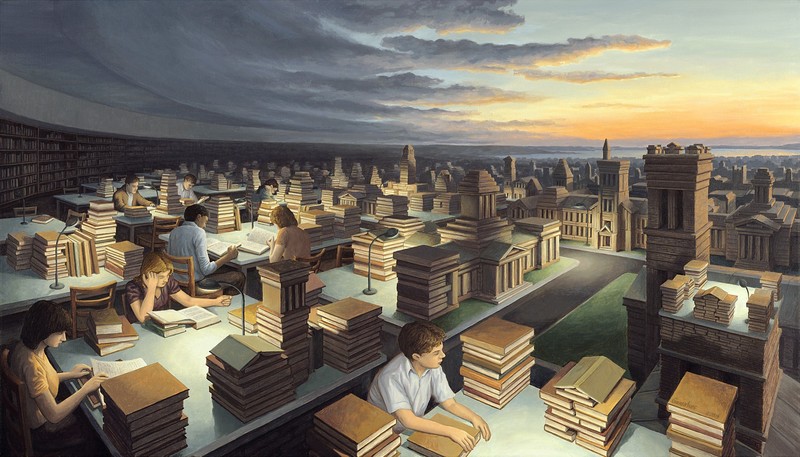 Rob Gonsalves, surreal, artwork, library