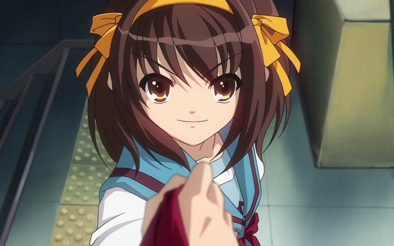 anime, anime girls, brown eyes, brunette, The Melancholy of Haruhi Suzumiya, dark hair, school uniform, school, white skin, film stills, artwork, Suzumiya Haruhi, God, looking at viewer, necktie