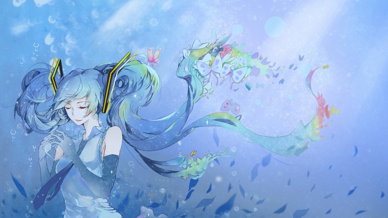 sea, Hatsune Miku, deep sea, butterflies, ribbon
