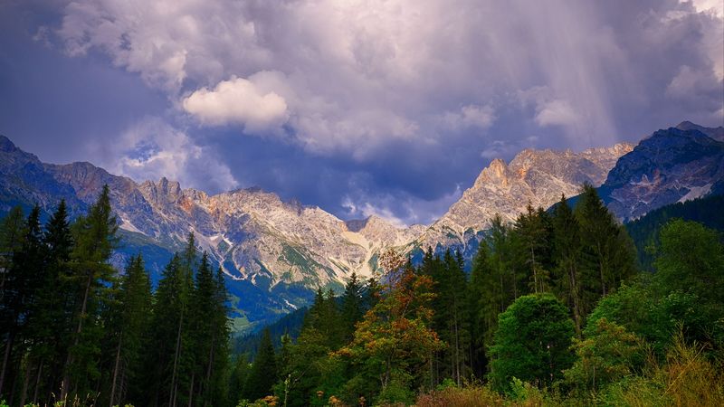 mountains, trees, clouds, mountain landscape, autumn, autumn landscape, 4k