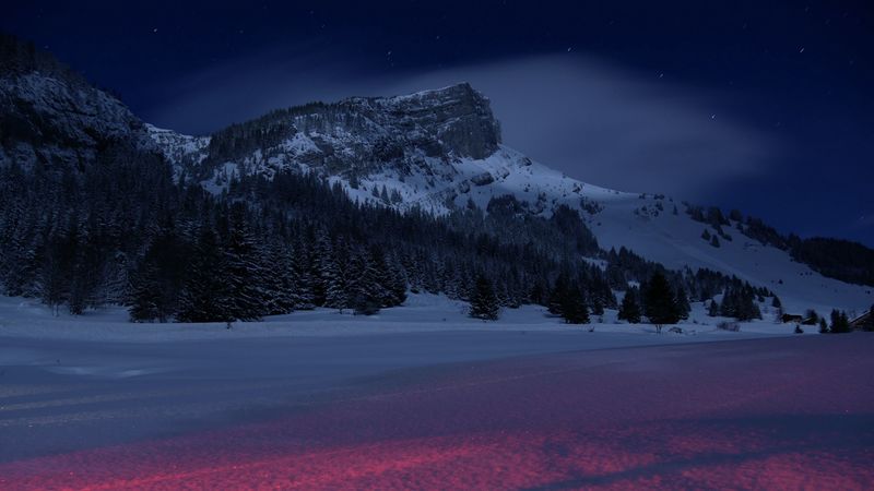 mountains, night, winter, snow, landscape, france, 4k