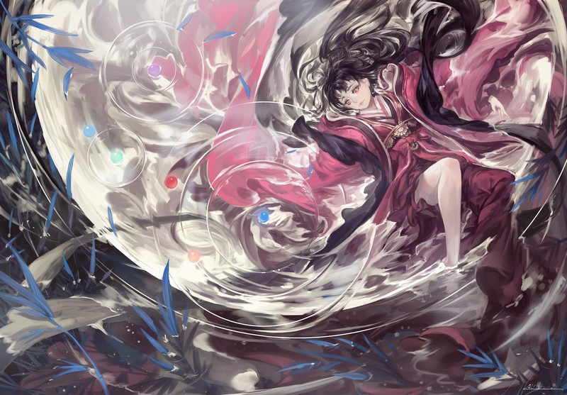 anime girls, anime, dark hair, red eyes