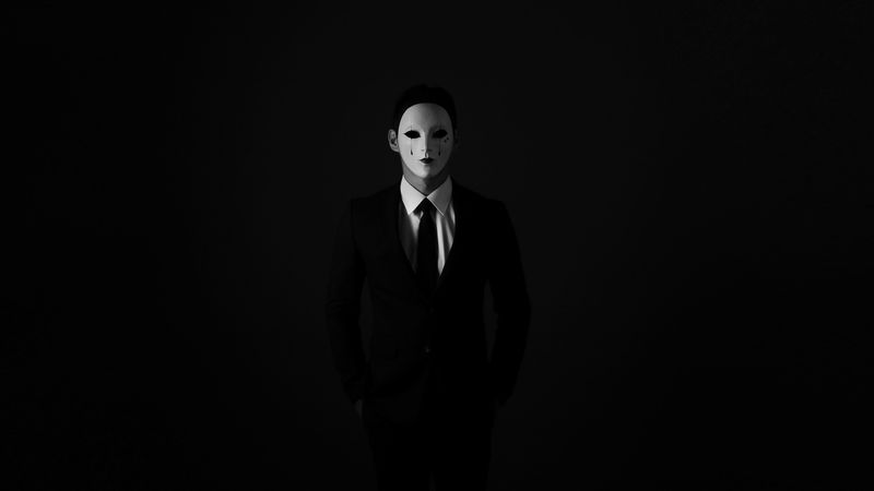 mask, anonymous, bw, tie, suit jacket, shirt, 4k