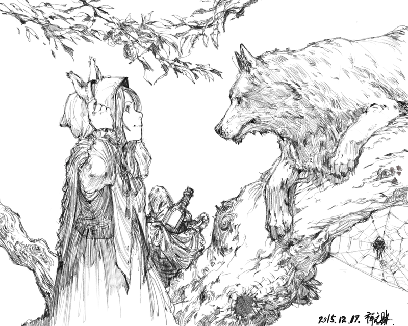 anime girls, anime, drawing, Red Riding Hood, 2015 (Year), fairy tale, monochrome