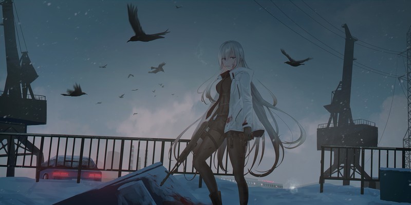 anime girls, anime, weapon, rifles, long hair, birds, white hair, gun, pistol, blood