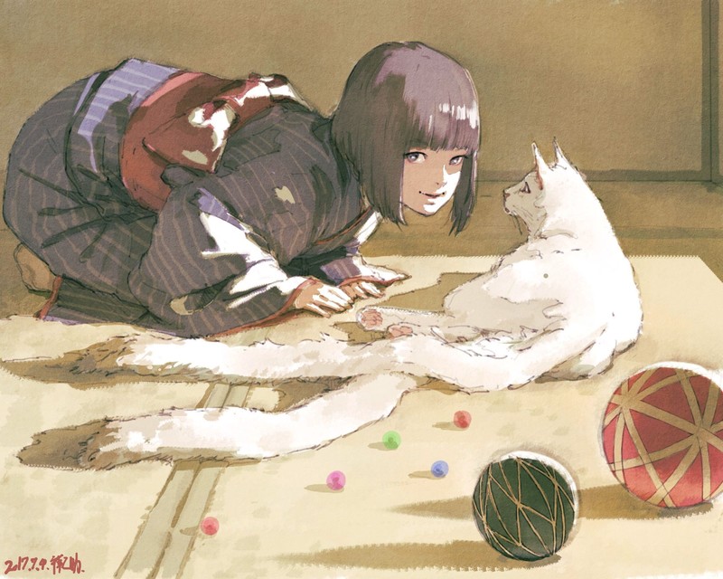 anime girls, anime, cats, animals, 2017 (Year)