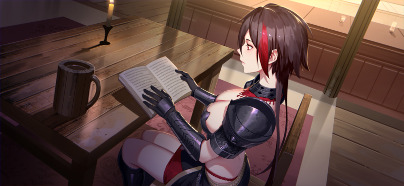 women, anime girls, artwork, digital art, illustration, fantasy girl, dark hair, profile, armor, cleavage, skirt, sitting, table, candles, books, reading, 2D, original characters, Thankstar404, fantasy art, anime