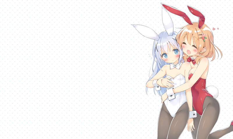 anime, anime girls, fan art, white skin, loli, Gochuumon wa Usagi Desu ka, Gochuumon wa Usagi Desu ka?, Kafuu Chino, Hoto Kokoa, simple background, bunny girl, white background, hugging