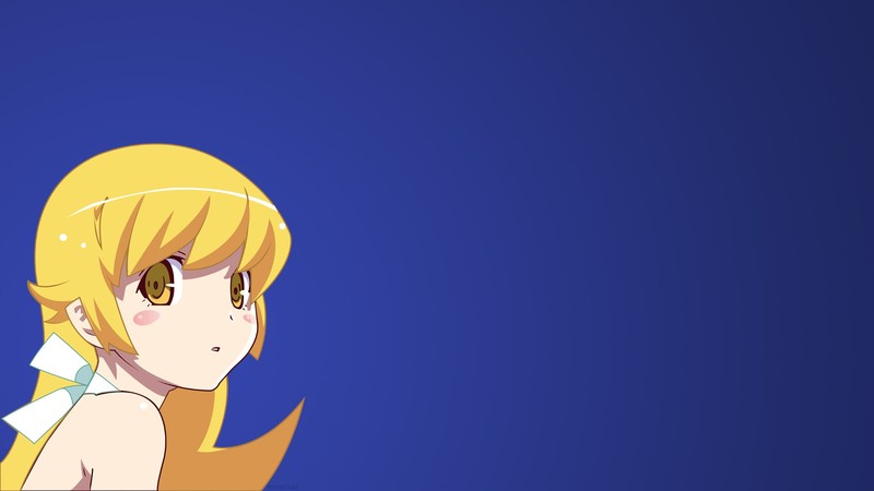 anime, anime girls, fan art, white skin, Monogatari Series, loli, simple background, blue, Oshino Shinobu, blonde, blond hair, blue background