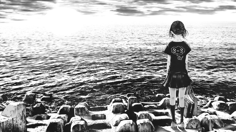 manga, monochrome, sea, women, drawing