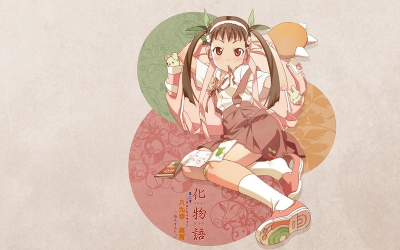 anime, anime girls, white skin, Monogatari Series, artwork, Hachikuji Mayoi, twintails, loli, school uniform, dark hair, dark eyes, simple background, white stockings