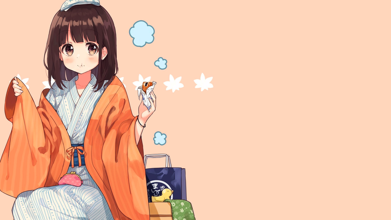 anime, manga, anime girls, simple background, minimalism, yukata, kimono, schoolgirl, anime girls eating