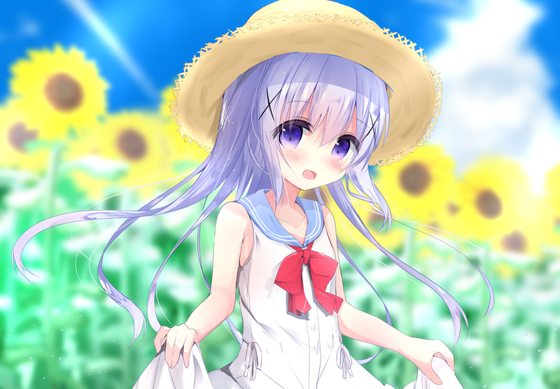 anime, anime girls, white skin, fan art, Kafuu Chino, landscape, blue hair, blue eyes, loli, summer, white dress, straw hat, sunflowers, purple eyes
