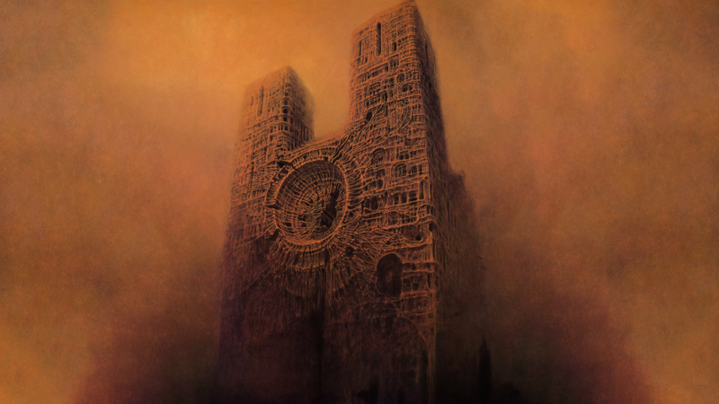 Zdzisław Beksiński, fantastic realism, creepy, surreal, painting, low-angle