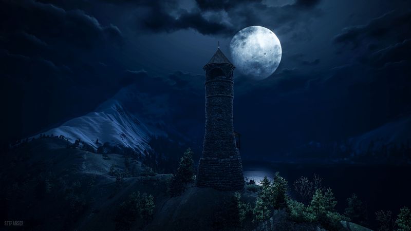 lighthouse, tower, full moon, dark, fantastic, art, 4k