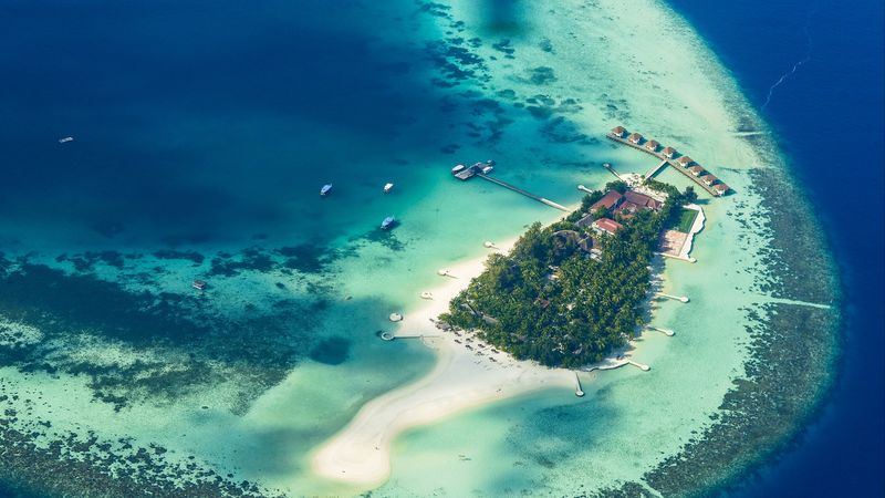 island, ocean, bungalow, palm trees, top view, tropics, paradise, 4k
