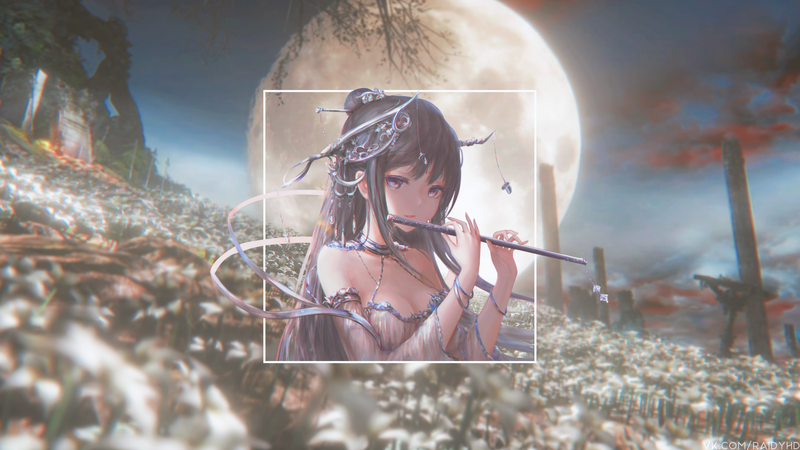anime, anime girls, picture-in-picture, boobs, flute, dark hair, long hair