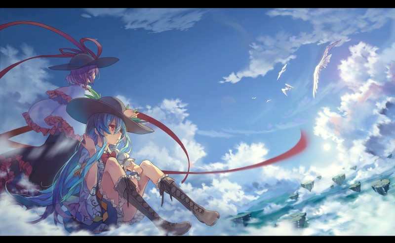 anime, anime girls, sky, blue hair, legs, long hair