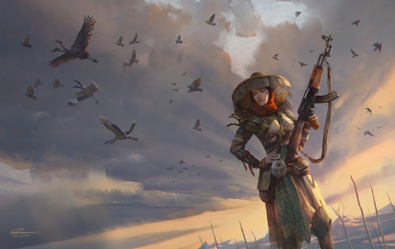 illustration, women, warrior, soldier, weapon, birds, fantasy art, AK-47, Vietnam War