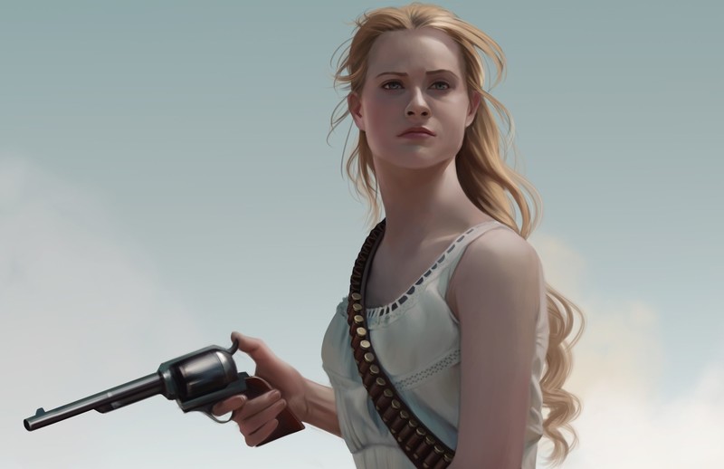 gun, weapon, revolver, women, artwork, Westworld, Evan Rachel Wood, girls with guns