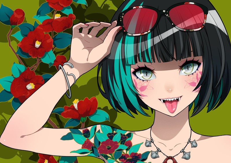 women, dark hair, looking at viewer, portrait, sunglasses, bracelets, necklace, tattoo, flowers, fangs, tongues, tongue out, artwork, digital art, illustration, 2D, green background, shadow, LAM, original characters, drawing, anime girls, eyeliner, teeth, anime