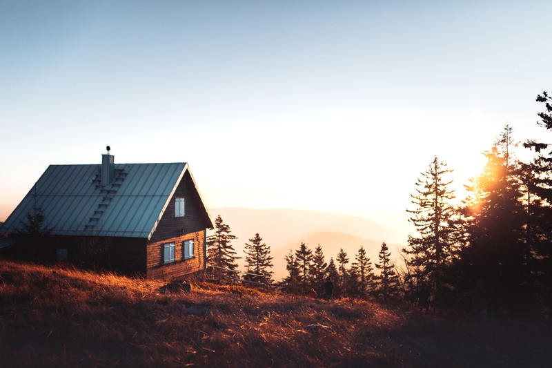 house, forest, nature, mountains, sunlight, trees, clear sky, cabin