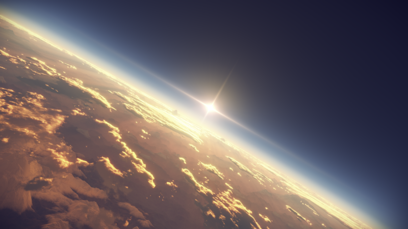 sunset, Sun, clouds, sky, space, planet, mountains, shadow, space art, anime