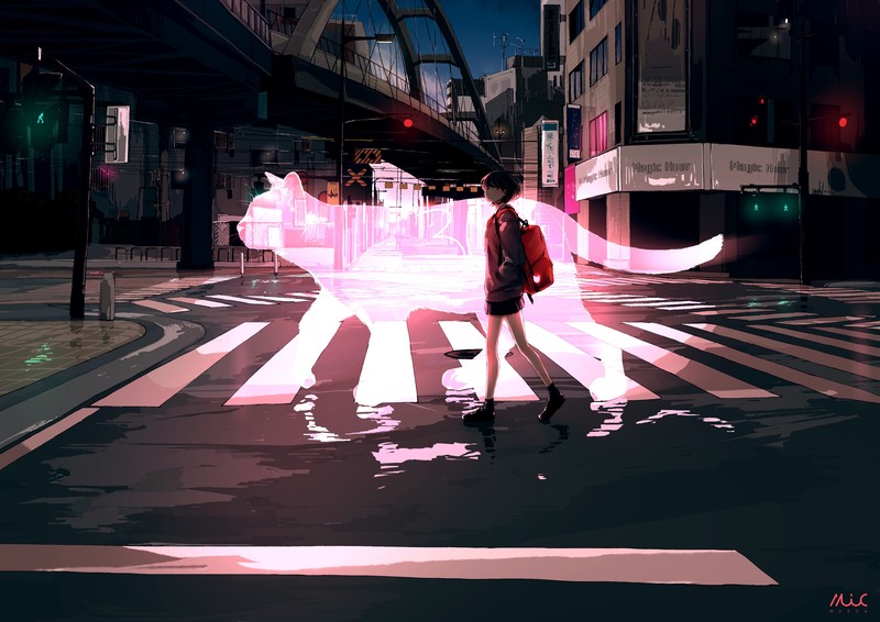 anime, city, silhouette, cats, anime girls