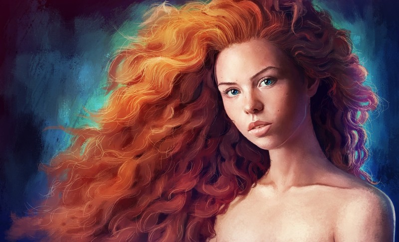 women, redhead, long hair, portrait, bare shoulders, artwork
