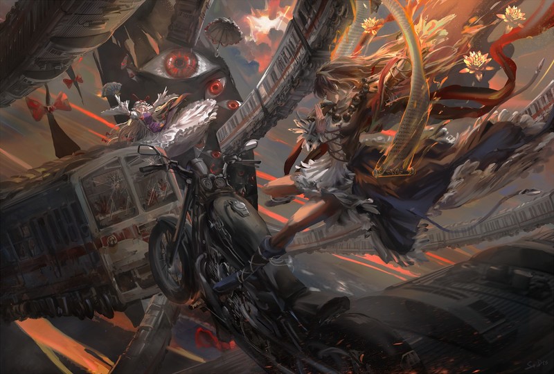 anime, anime girls, vehicle, train, motorcycle