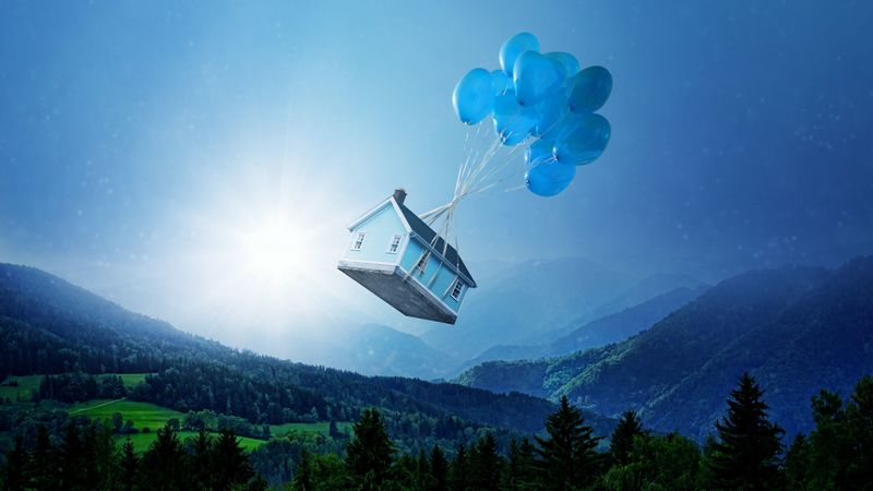 balloons, house, flight, fantasy, forest, 4k