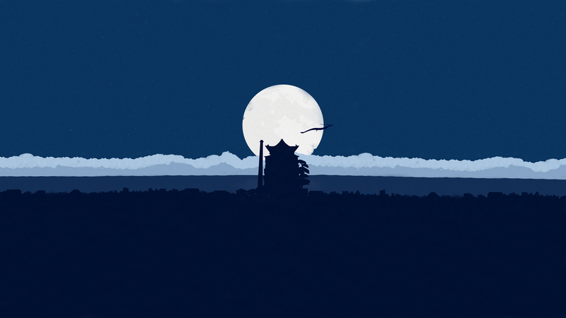 minimalism, blue, clear sky, Spirited Away, sen to chihiro, shadow, clouds, anime, fan art, moonlight, simple