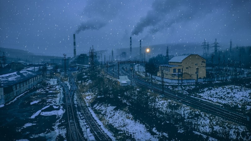 industrial, snow, winter, environment, sky, factories, railway, dirt, building, factory tubes, smoke, snowing, digital art, blue