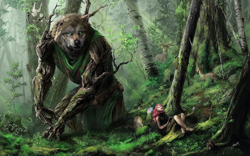 digital art, forest, women, wolf, deer, nature, fantasy art, Fable, Gunnerkrigg Court