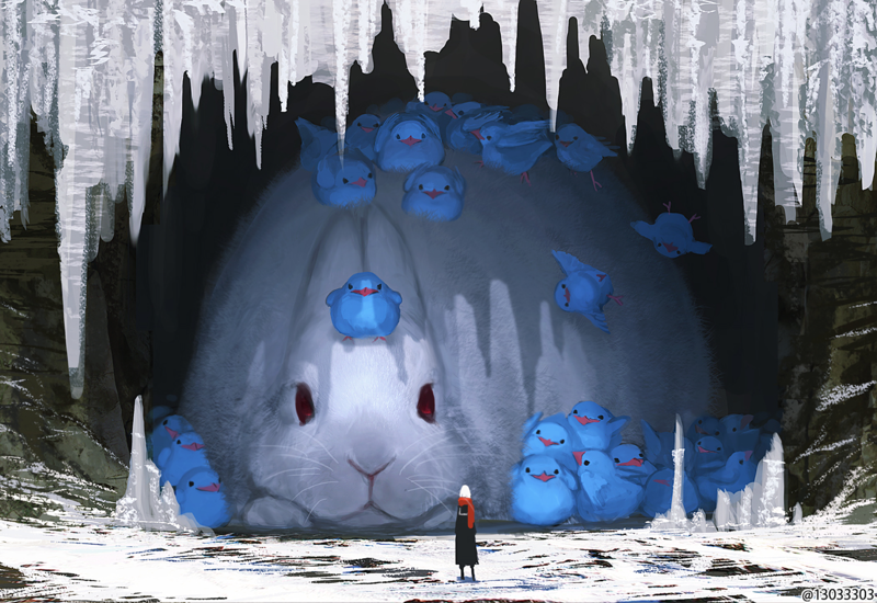 fantasy art, rabbits, birds, winter, digital art, giant, animals, illustration