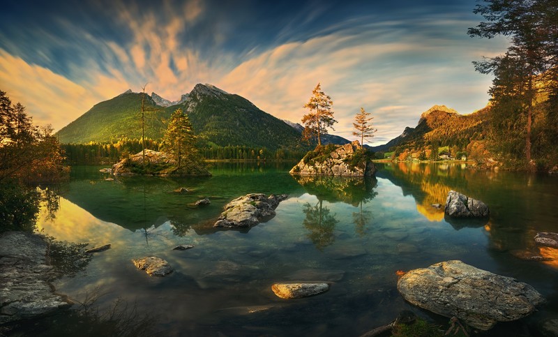 Hintersee, Germany, landscape, forest, trees, mountains, lake, mirrored, nature, rocks, sky, clouds, clear water, horizon, Krzysztof Browko