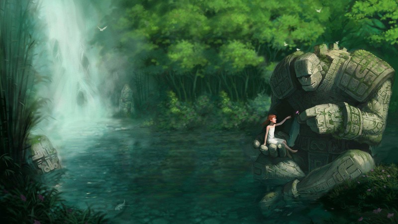 illustration, children, giant, landscape, forest, lagoon, waterfall, fantasy art, golem
