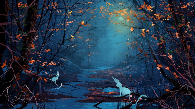 digital art, landscape, forest, rabbits, fan art