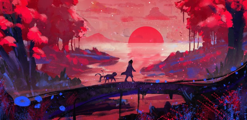 digital art, landscape, forest, lagoon, painting, animals, men, bridge, sunset