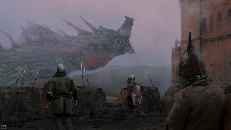 fantasy art, dragon, spear, weapon, shield, castle, warrior