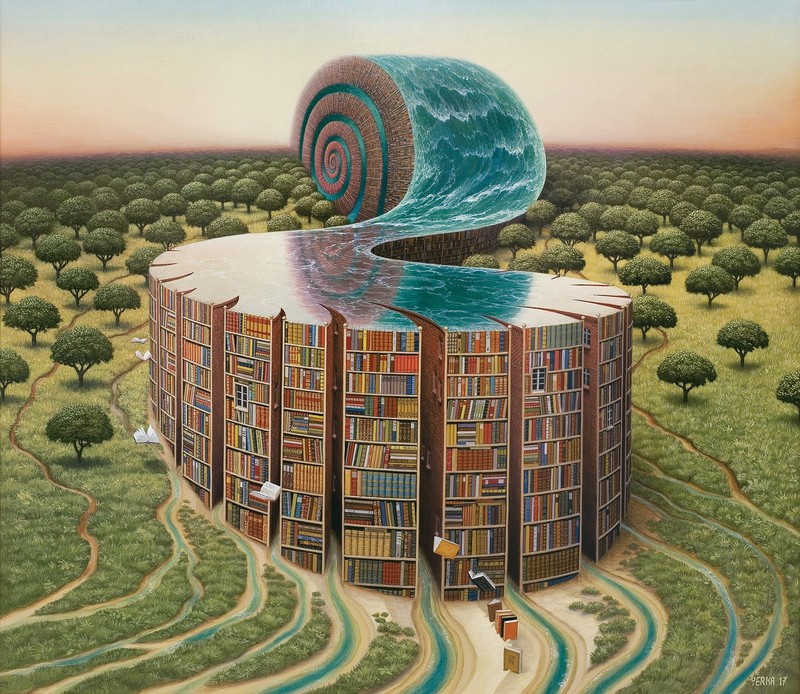 Jacek Yerka, library, books, water, trees, book shelf, snail, artwork