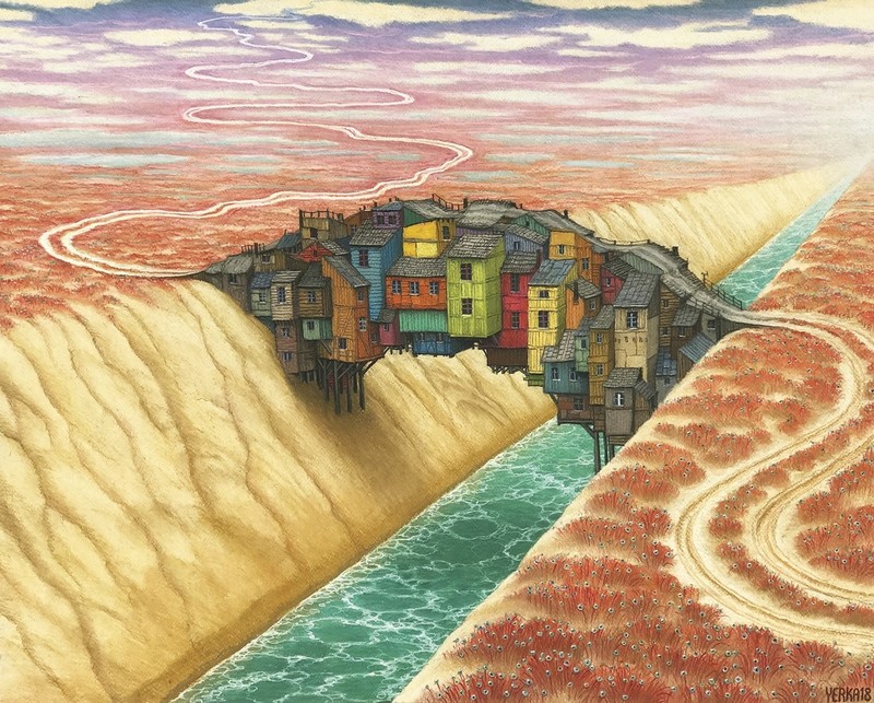 Jacek Yerka, bridge, river, road, house, artwork