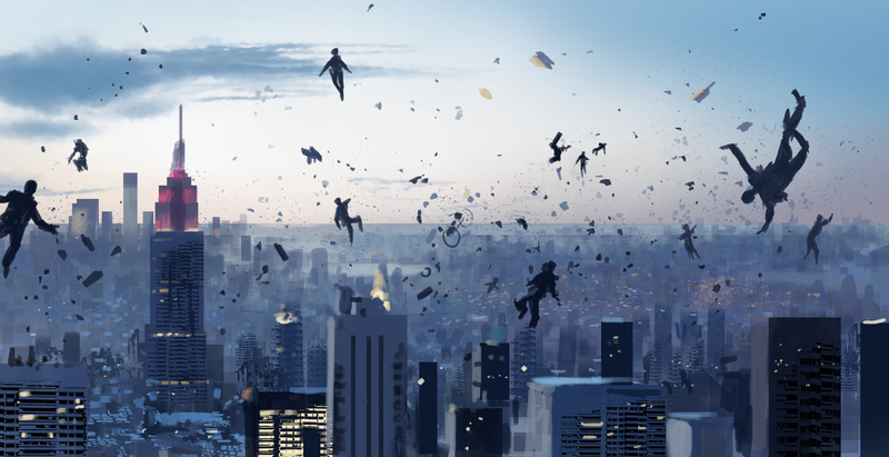 floating, city, debris, bikes, skyscraper, clouds, Gravity, cityscape, falling