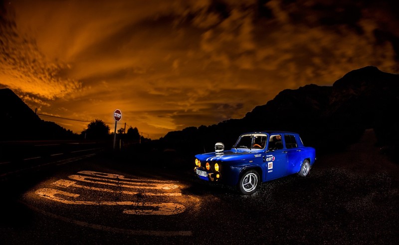 blue cars, dark, vehicle, night, sky, car, stop sign