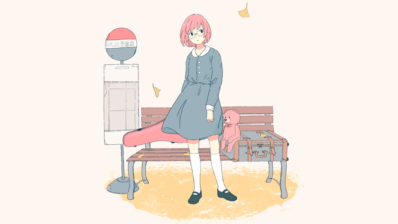 anime, manga, anime girls, simple background, minimalism, short hair, pink hair, meganekko, glasses, schoolgirl, guitar, teddy bears