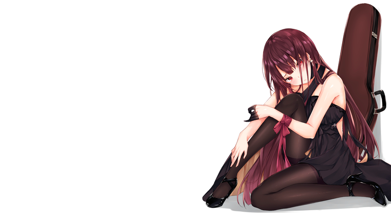 anime, manga, anime girls, simple background, minimalism, pantihose, tights, long hair, guitar, heels, red eyes, sitting, looking at viewer, white background