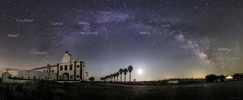 nature, landscape, Milky Way, night, stars, starry night, panorama, palm trees, Portugal, cathedral, Moon, moonlight, constellations, trees, Miguel Claro, field