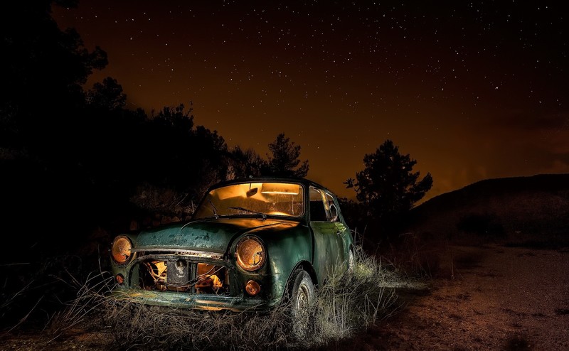 car, night, vehicle, dark, wreck