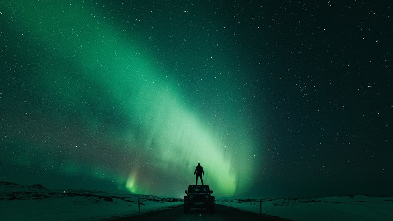 silhouette, night, car, road, stars, Kristopher Roller, aurorae