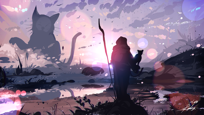 fantasy art, landscape, cats, giant, digital art, ryky